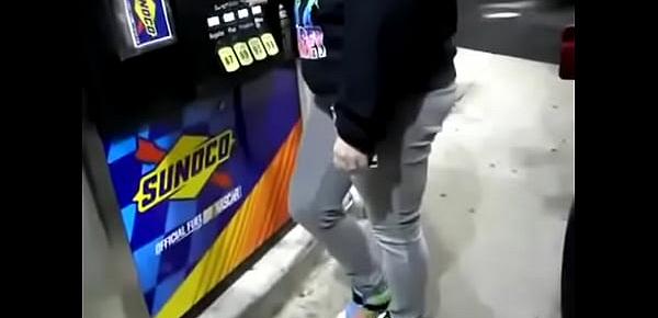 desperate girl wetting pee jeans while pumping gas